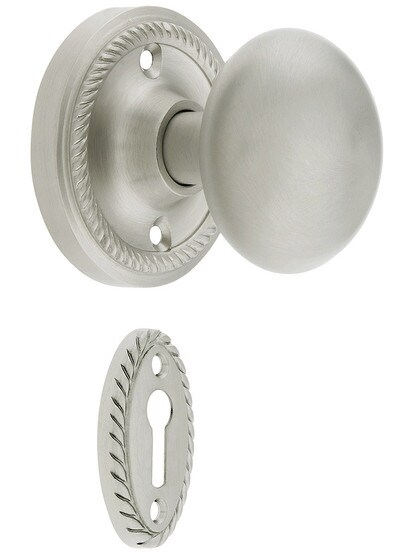 Rope Rosette Mortise Lock Set With Round Brass Knobs in Satin Nickel finish.